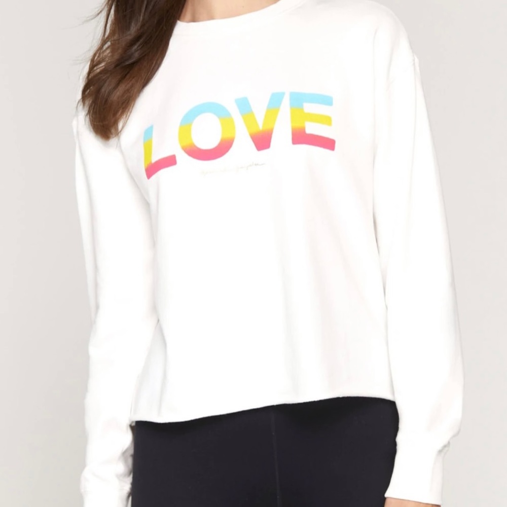 Spiritual Gangster White Long Sleeve Tee with Rainbow "LOVE" Graphic